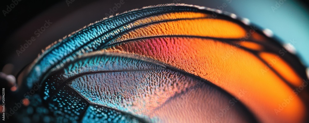 Abstract close-up of a butterfly wing with vibrant colors and fine details.