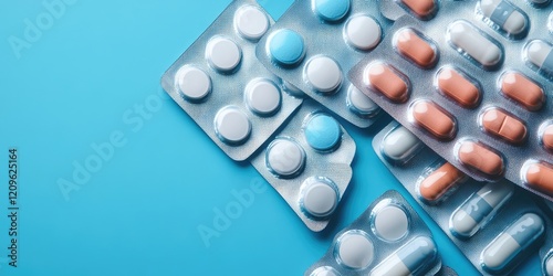 Assorted medicine pills capsules and tablets in foil blister packs on a bright blue background with ample space for text and branding
