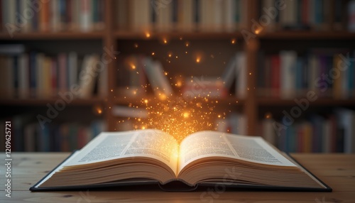 Open book with glowing magical sparks in library