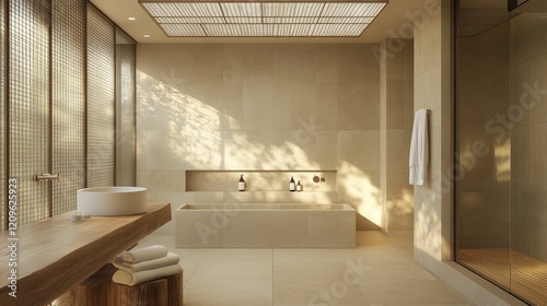 Warm, neutral bathroom with tub, sink, and shower area.