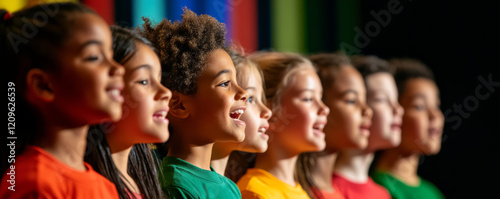 Diverse group of children singing joyfully in school choir performance, showcasing unity and enthusiasm. Their colorful shirts add vibrancy to scene