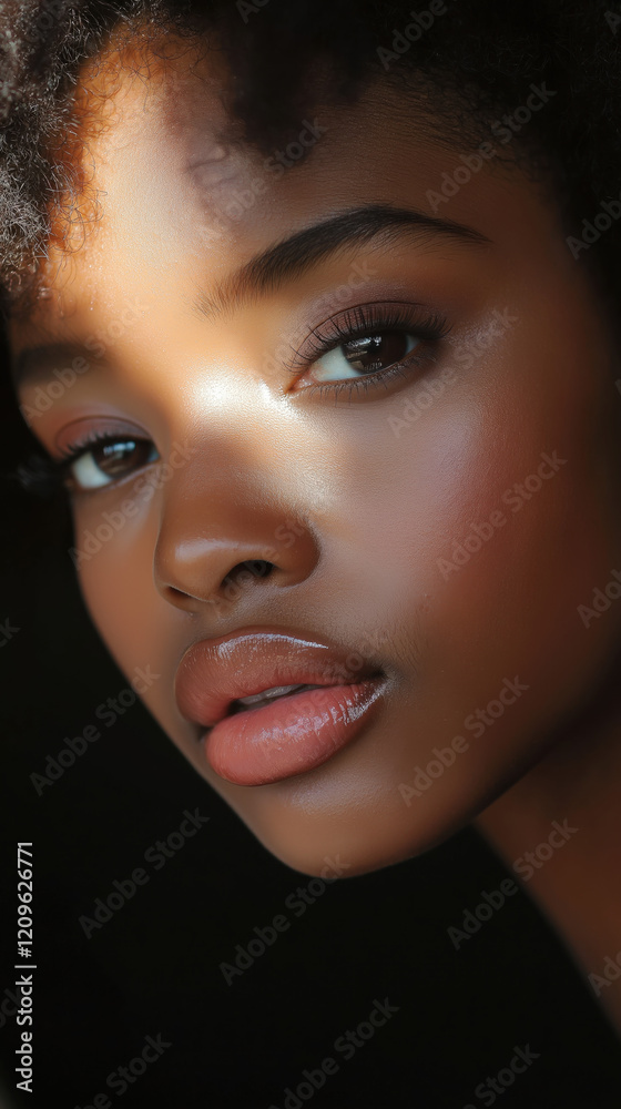 Fototapeta premium A beautiful close-up portrait of a woman with glowing dark skin, illuminated by a warm, natural light. Her glossy lips and defined features radiate elegance and confidence, capturing a moment of seren