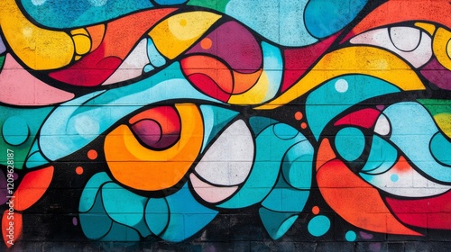 A vibrant street art mural in an urban setting, Urban scene, Artistic style