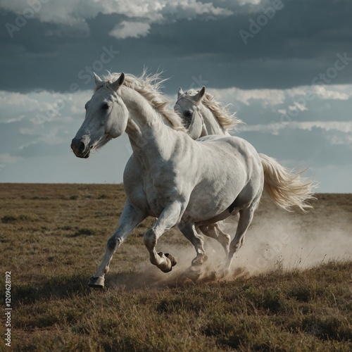 A pair of white horses running free on a wide open plain.