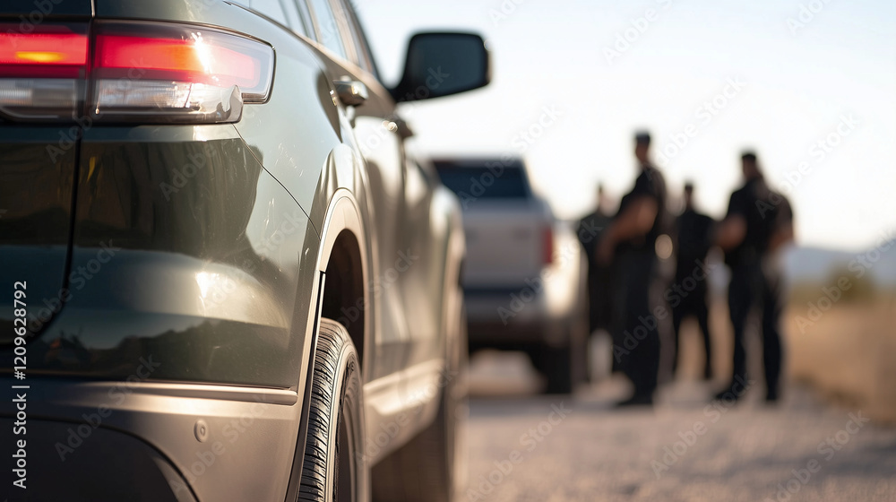 Obraz premium Vehicle Inspection at Border Crossing with Officers and Driver