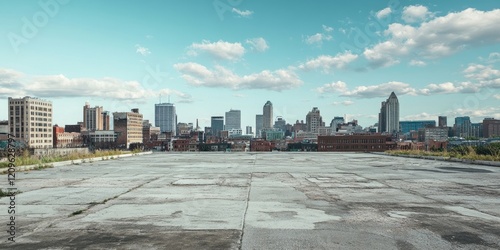 Urban skyline with modern buildings against a bright blue sky, unoccupied concrete plaza in foreground, featuring scattered clouds and greenery. photo