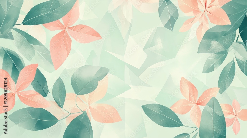 Fototapeta premium Pastel Peach Flowers and Teal Leaves Design