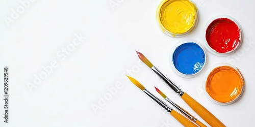Wallpaper Mural Two vibrant orange paintbrushes positioned diagonally beside four circular gouache paint cans in yellow, blue, red, and orange on a white background. Torontodigital.ca
