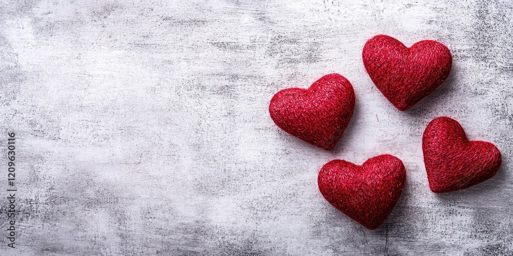 Fototapeta premium Flat lay of four textured red hearts arranged on a light gray background with ample copy space on the left for text or graphics