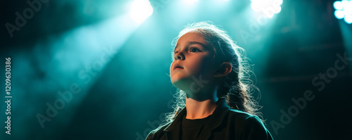 young girl performing dramatic monologue on stage, illuminated by bright lights, showcasing her focused expression and talent