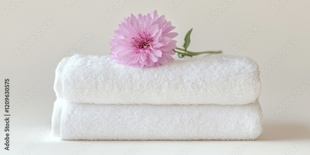 Neatly folded white terry towels stacked with a pink cornflower on top against a soft light background creating a serene and elegant atmosphere. Neatly folded white terry towels stacked with a pink cornflower on top against a soft light background creating a serene and elegant atmosphere.