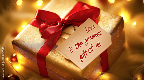 Neatly wrapped Valentine's gift box with red ribbon and a love quote in warm romantic lighting