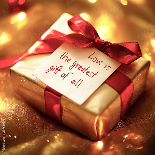 Warm, romantic lighting and a neatly wrapped Valentine's Day gift box with a red ribbon and a love quote