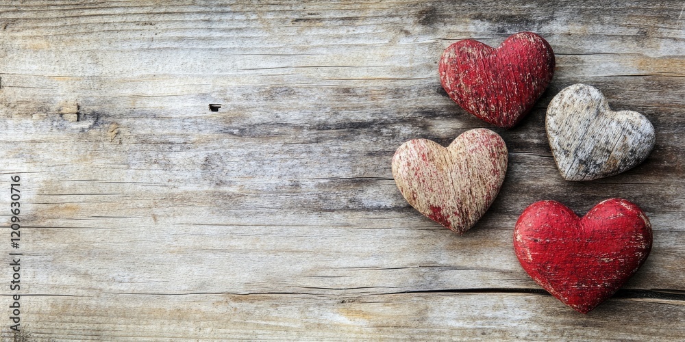 Rustic wooden backdrop with four heart shapes in red and beige positioned at the top left corner, featuring ample copy space on the right. Rustic wooden backdrop with four heart shapes in red and beige positioned at the top left corner, featuring ample copy space on the right.