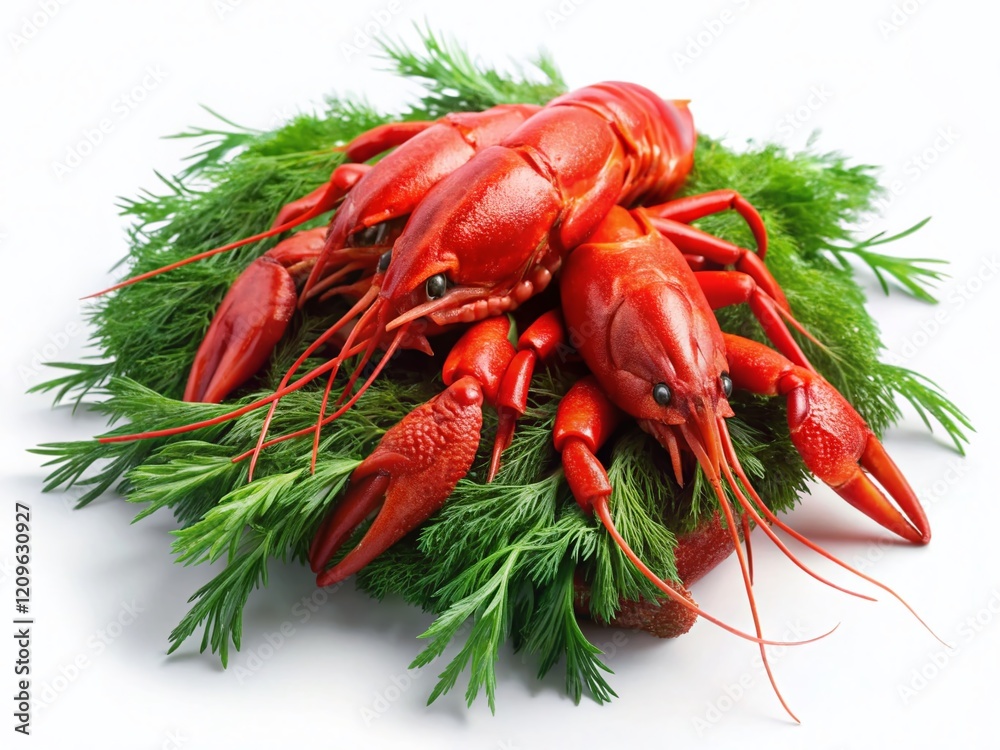 Delicious Boiled Crayfish with Fresh Dill Isolated on White Background - Stock Photo Delicious Boiled Crayfish with Fresh Dill Isolated on White Background - Stock Photo