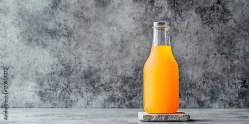 Refreshing orangeade in a glass bottle on a light stone base with a gray textured background ample space for branding and text placement