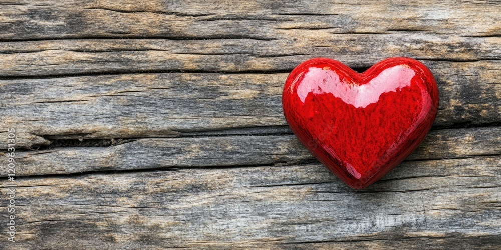 Ceramic red heart on rustic wooden surface with blank space for text romantic concept warm tones vertical layout inviting atmosphere Ceramic red heart on rustic wooden surface with blank space for text romantic concept warm tones vertical layout inviting atmosphere