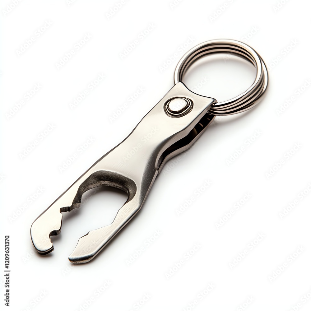 Metal bottle opener on a keychain, isolated on white background. Metal bottle opener on a keychain, isolated on white background.