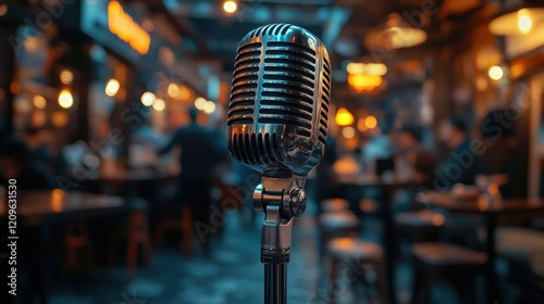 Microphone stands ready for performer in bustling cafe setting at night