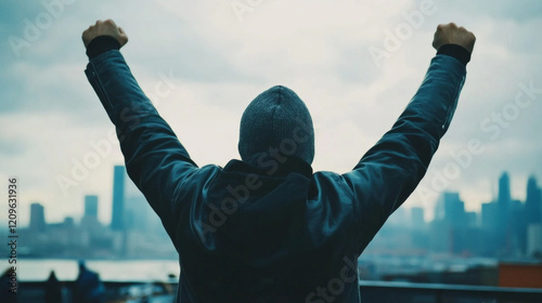 Individual celebrates achievement with raised arms against a city skyline backdrop during cloudy afternoon