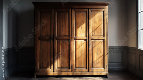 Wooden wardrobe stands in an old house, showcasing timeless craftsmanship and natural beauty from a bygone era photo