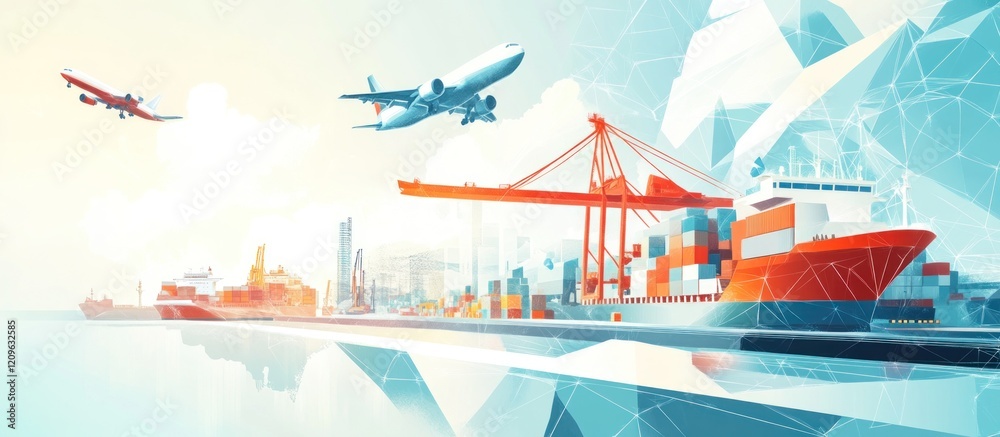 Fototapeta premium Global logistics and transportation network with airplanes, cargo ships and containers at harbor.