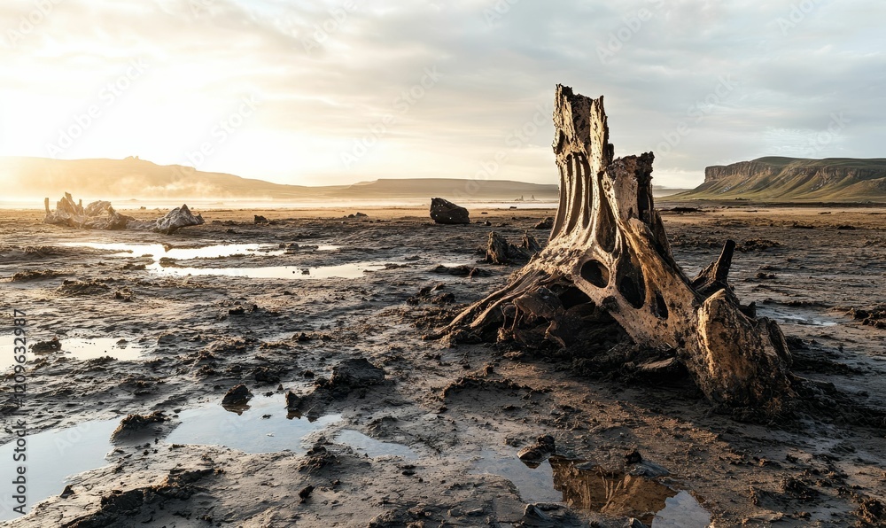 Eroded structure on a flat, barren, wet landscape. Eroded structure on a flat, barren, wet landscape.