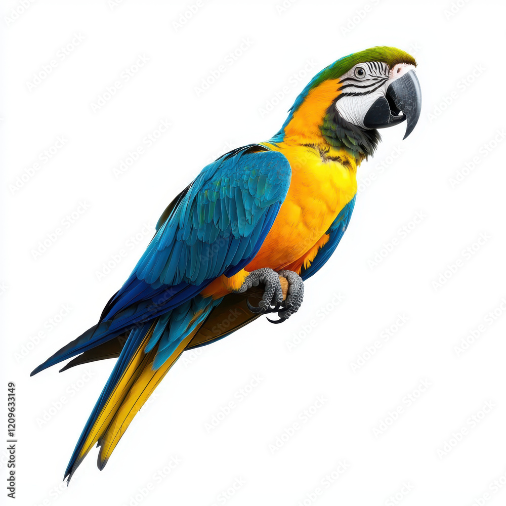 vibrant macaw perched regally, showcasing its bright plumage against white background vibrant macaw perched regally, showcasing its bright plumage against white background