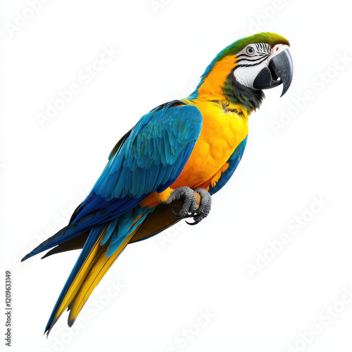 vibrant macaw perched regally, showcasing its bright plumage against white background