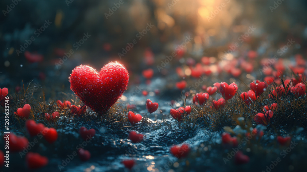 A sparkling red heart sits in an enchanting landscape surrounded by tiny heart-shaped plants. Warm golden light creates a dreamy and romantic atmosphere.
A sparkling red heart sits in an enchanting landscape surrounded by tiny heart-shaped plants. Warm golden light creates a dreamy and romantic atmosphere.