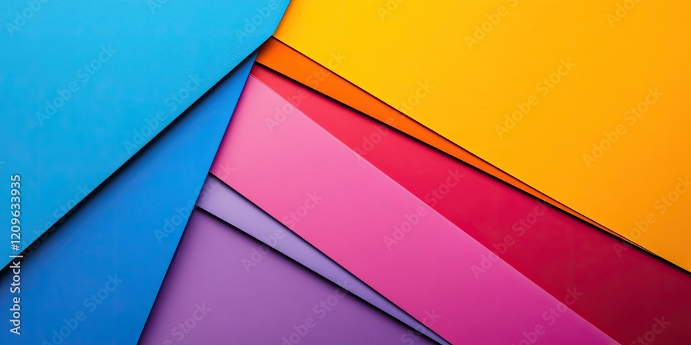 Fototapeta premium Colorful abstract geometric composition with blue, yellow, pink, and purple paper sheets arranged in a layered diagonal pattern.