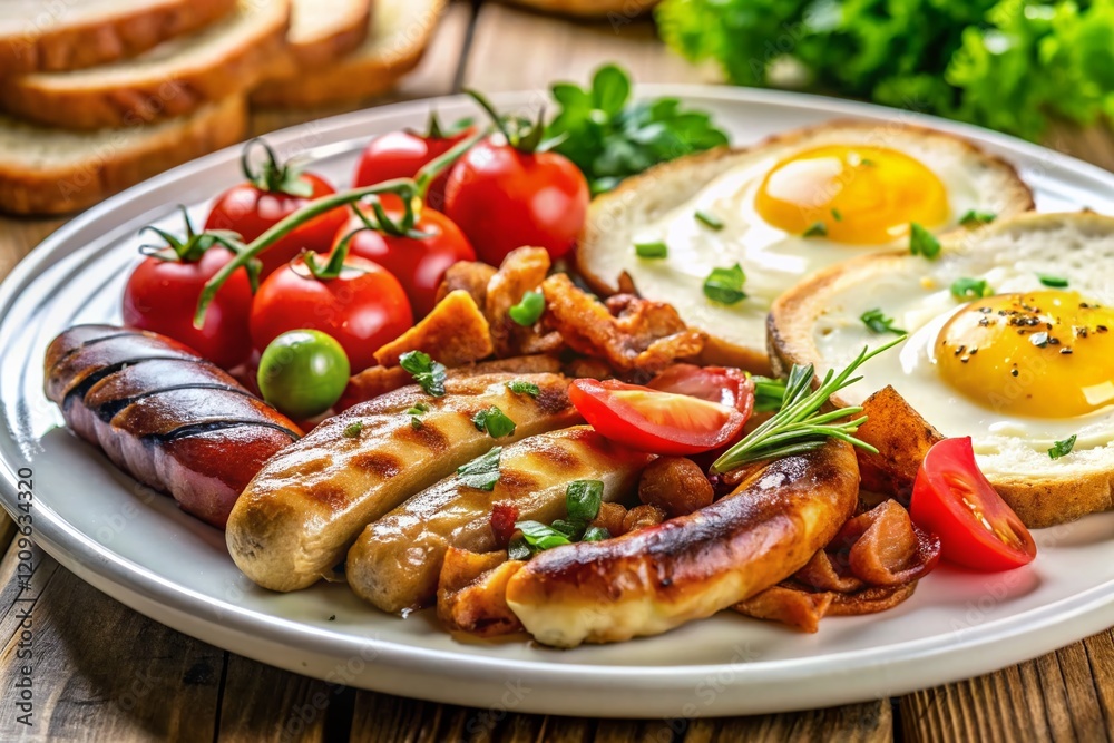 Delicious English Breakfast: Fried Eggs, Bacon, Sausages, Toast & Veggies