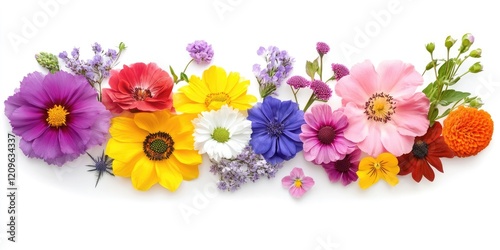 Colorful floral arrangement featuring purple, yellow, pink, and white flowers in a horizontal layout on a clean white background.