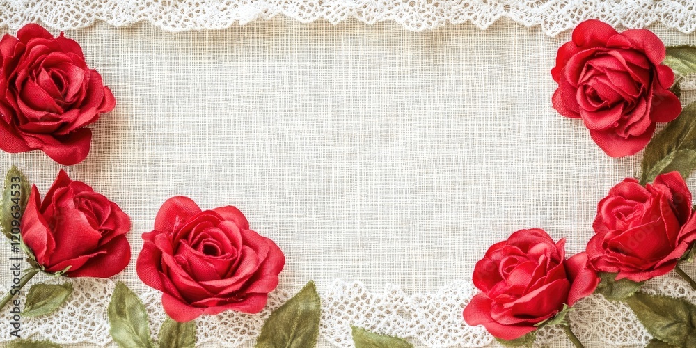 Retro wedding invitation design featuring six red silk roses arranged with decorative lace ribbon on a textured linen fabric background. Retro wedding invitation design featuring six red silk roses arranged with decorative lace ribbon on a textured linen fabric background.