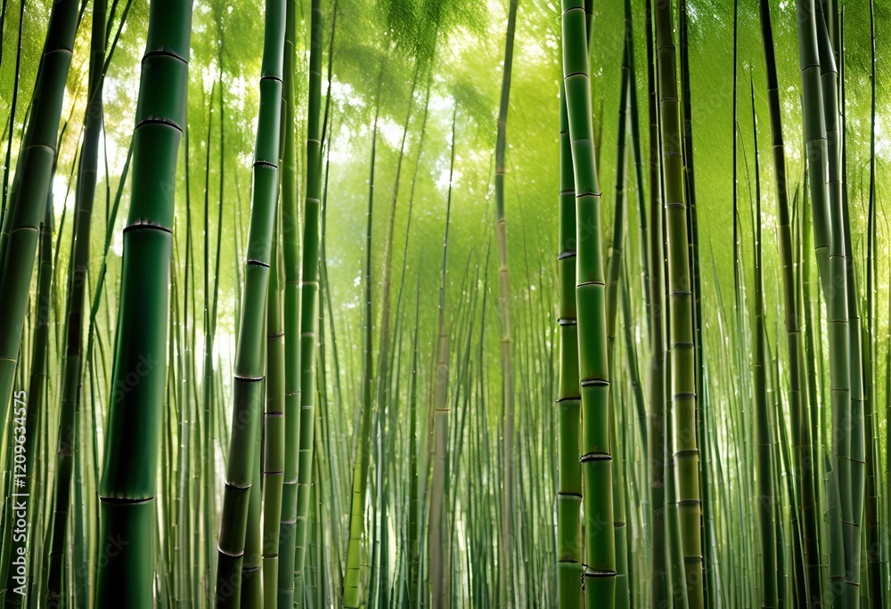 Fototapeta premium dense bamboo forest with tall stems reaching skyward, creating a peaceful, towering natural canopy.