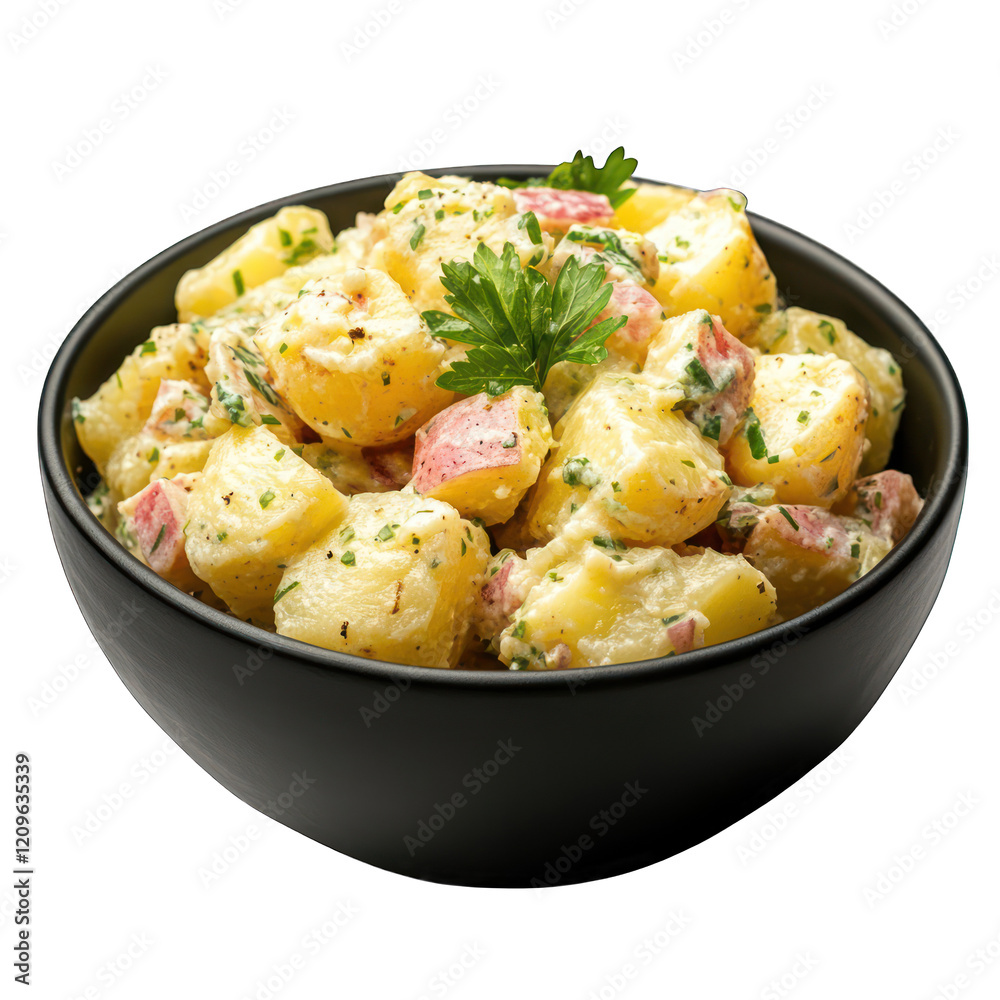 German potato salad on black bowl isolated on transparent background