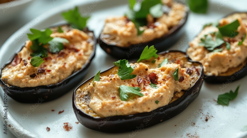 Savory Roasted Eggplant Snacks Topped with Creamy Spread and Fresh Herbs on a White Plate Perfect for Game Nights Savory Roasted Eggplant Snacks Topped with Creamy Spread and Fresh Herbs on a White Plate Perfect for Game Nights