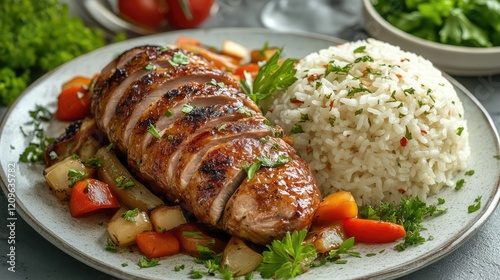 Succulent Roasted Duck Breast Garnished with Fresh Herbs Served with Steamed Jasmine Rice and Colorful SautÃ©ed Vegetables on a Rustic Plate photo