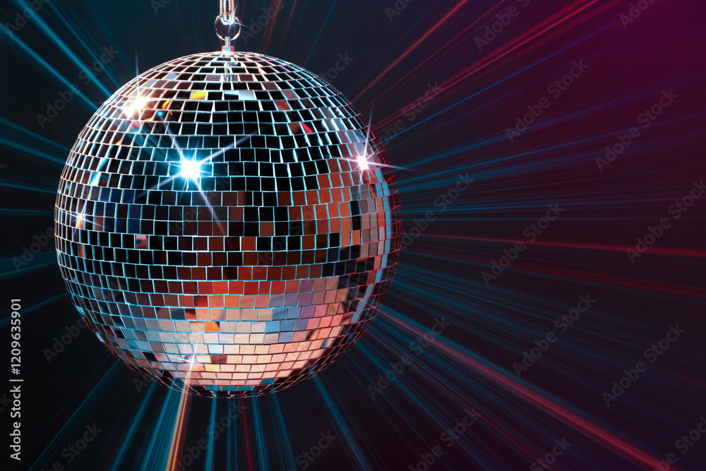Obraz premium Disco ball reflecting light on dark background. Nightclub decor