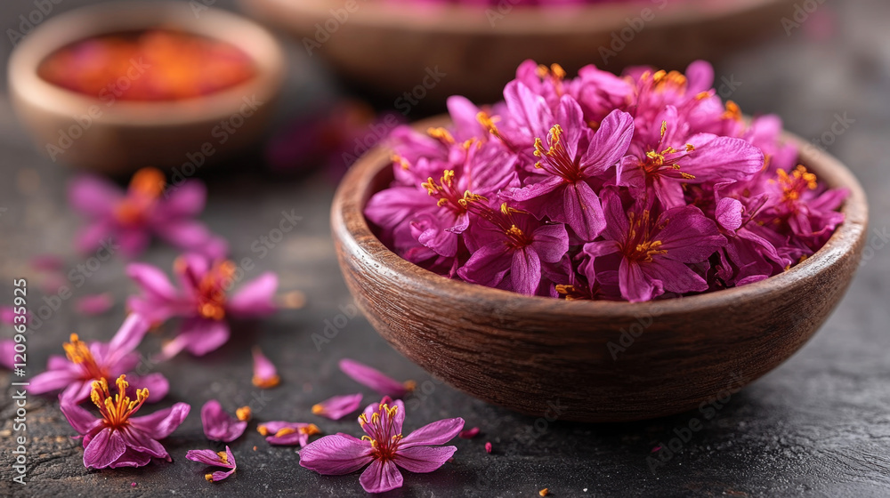 A wooden bowl filled with fresh saffron flowers, featuring delicate purple petals and vibrant orange stamens. The soft background and rustic setting enhance the beauty of these aromatic blossoms.
A wooden bowl filled with fresh saffron flowers, featuring delicate purple petals and vibrant orange stamens. The soft background and rustic setting enhance the beauty of these aromatic blossoms.
