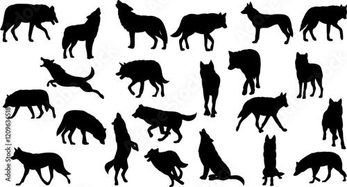 wolves in different poses set silhouette on white background vector