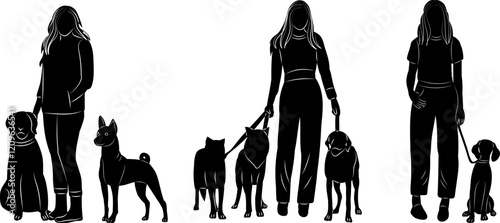 women standing with dogs silhouette on white background vector