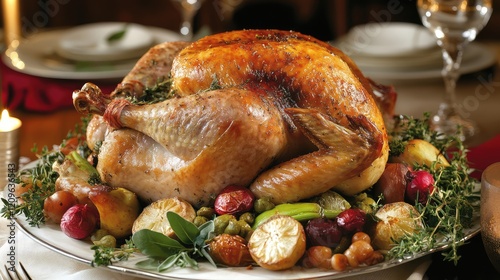 Roasted golden chicken garnished with fresh herbs served on a rustic wooden table surrounded by vibrant mixed vegetables and elegant dinnerware. photo