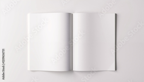 Empty open softcover magazine spread mockup on white background with soft shadows