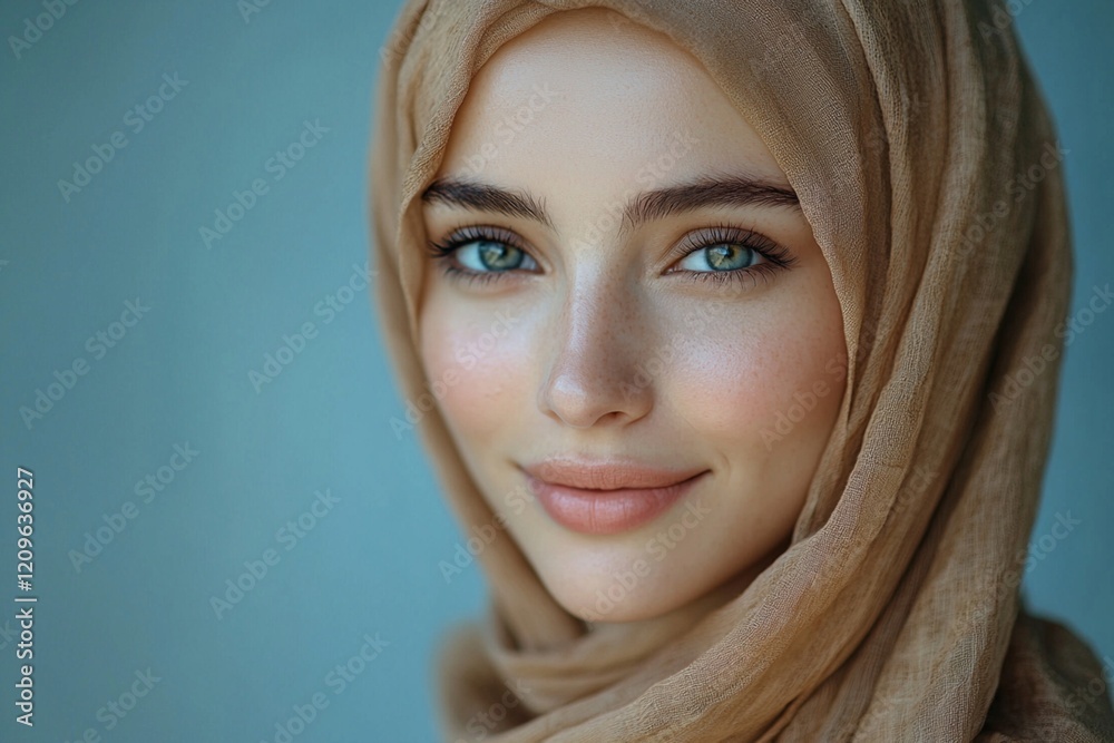Face portrait of beautiful European hijab woman wearing a light brown hijab, smiling islamic women isolated on blue background with copy space for product advertising Face portrait of beautiful European hijab woman wearing a light brown hijab, smiling islamic women isolated on blue background with copy space for product advertising