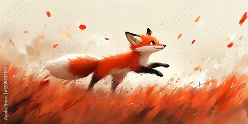 Cute fox in autumn field.