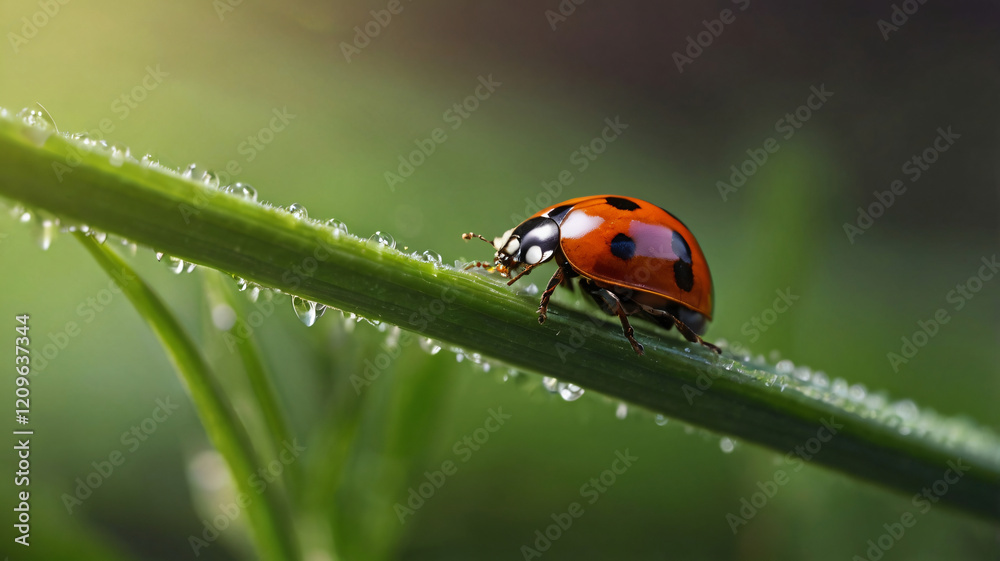 Ladybug on leaf close-up showing red spots and black body in garden during spring, Close-up portrait of ladybug, Ladybug on Branch in Forest Background Ladybug on leaf close-up showing red spots and black body in garden during spring, Close-up portrait of ladybug, Ladybug on Branch in Forest Background