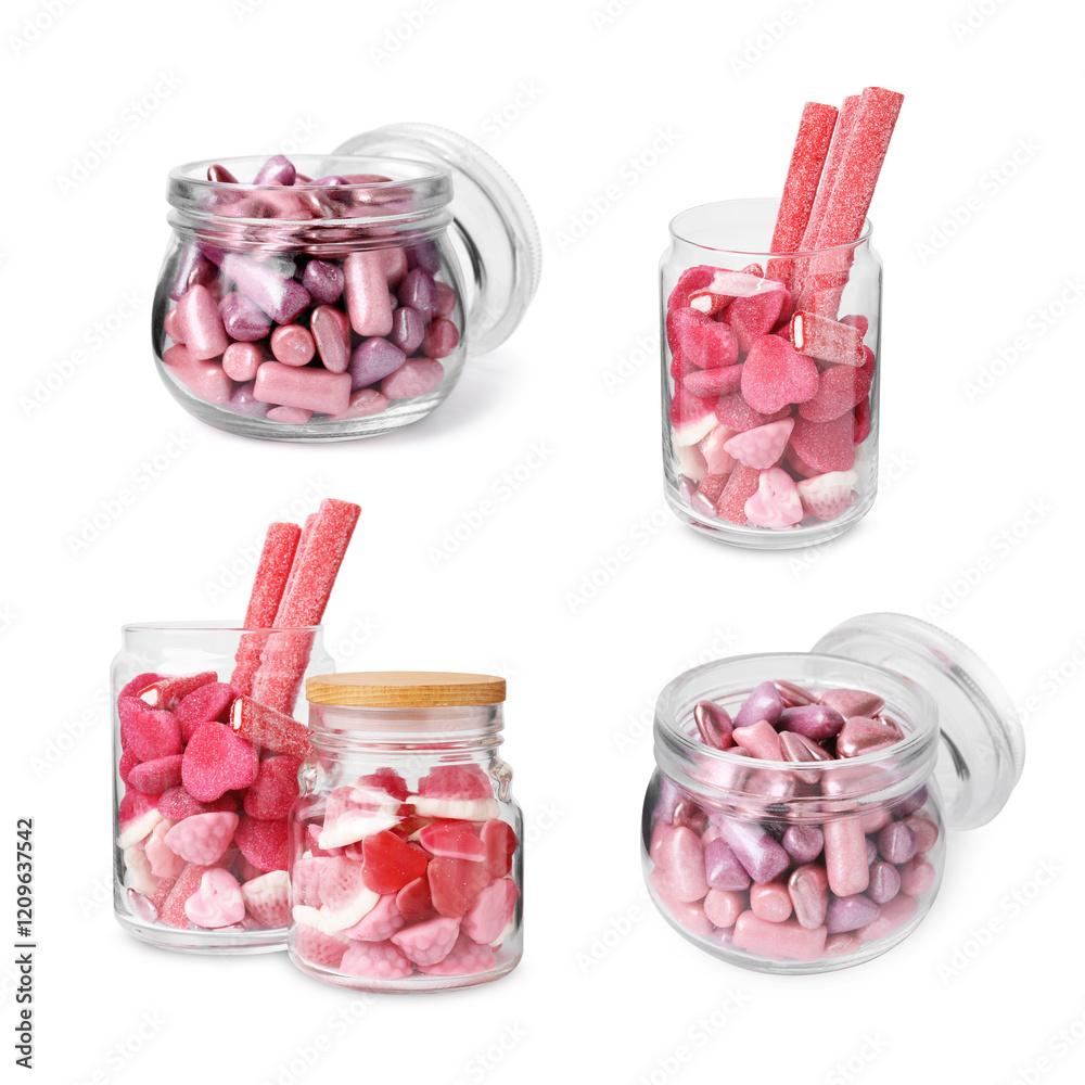 Set of different yummy candies in glass jars on white background Set of different yummy candies in glass jars on white background