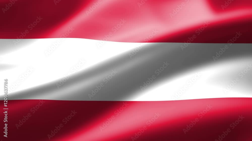 Austria flag in close up moves in waves in the wind with reflecting light on the smooth silky surface.