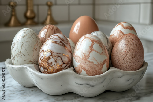 A beautiful assortment of marble-patterned and speckled Easter eggs arranged in a sculpted ceramic dish. The natural tones and intricate textures give a refined and artistic touch to this festive disp photo